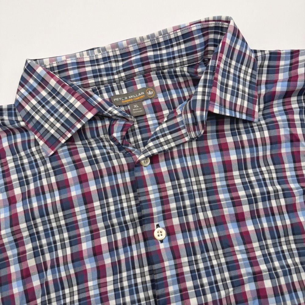 Peter Millar Summer Comfort Men's XL Plaid Button Down Shirt Navy Burgundy Blue